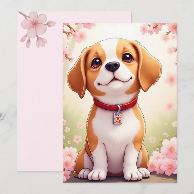 Adorable chien et fleurs Carte de vacances plat (Devant / Derrière)