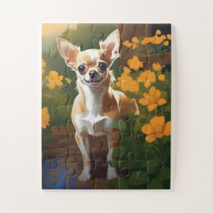 Adorable Chihuahua Welpe mit Wildblumen