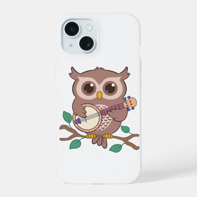 Adorable Chouette Oiseau Jouer Banjo Cartoon (Verso)