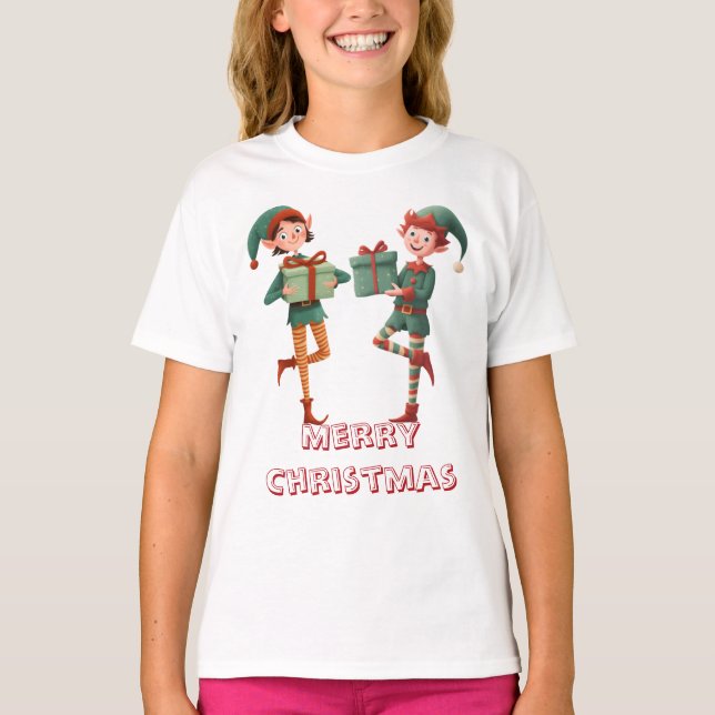 Adorable Christmas Elf with Gift Box T-Shirt (Vorderseite)