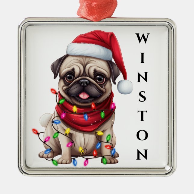 ADORABLE CHRISTMAS MOPS HUND MIT LICHT ORNAMENT AUS METALL (Vorne)