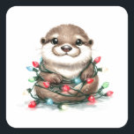Adorable Christmas Otter Quadratischer Aufkleber<br><div class="desc">KI generierte Kunst eines bezaubernden Weihnachtsotters</div>