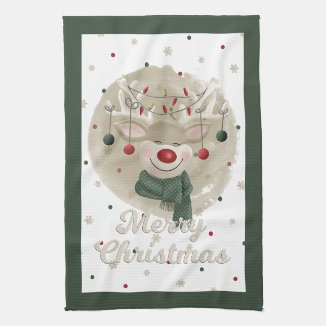 Adorable Christmas Rentier Teetuch - Grün Geschirrtuch (Vertikal)