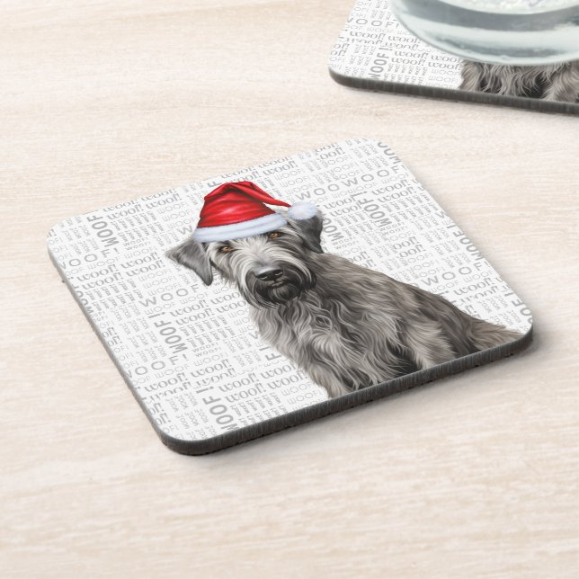 Adorable Christmas Wolfhound Dog Woof Word Art Getränkeuntersetzer (Linke Seite)