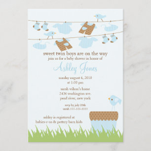 Adorable Clothesline Twins Baby Boy Dusche Einladung