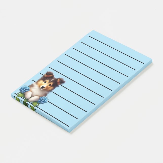 Adorable Collie Welpe mit blauen Blumen Post-it Klebezettel (angewinkelt)