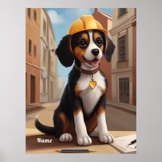 Adorable Construction Worker Hund Niedliche Welpen Poster (Vorne)