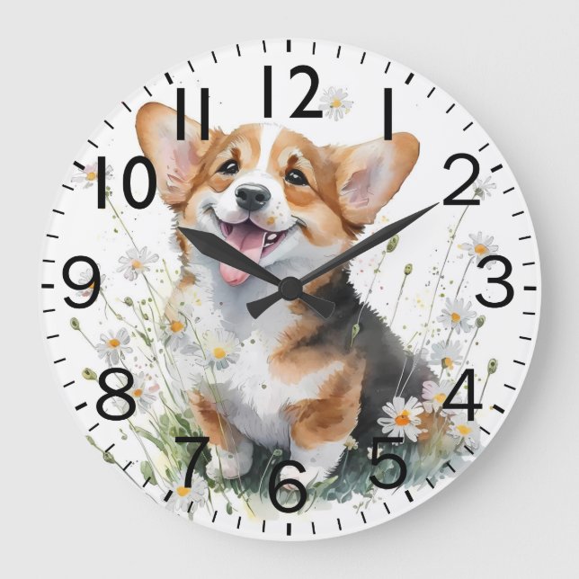 Adorable Corgi Puppy Dog Große Wanduhr (Vorderseite)