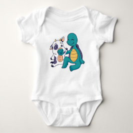 Adorable Cow and Turtle Hugging Cartoon Baby Strampler