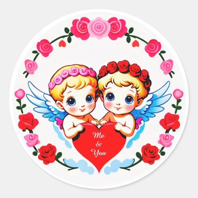 Adorable Cupid Angels Holding Heart Runder Aufkleber (Vorderseite)