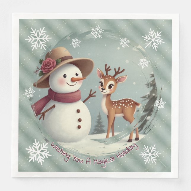 Adorable Deer And Snowman Holiday Serviette (Vorderseite)
