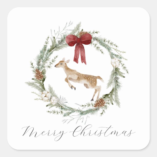 Adorable Deer Frohe Weihnachtskranz Red Bow Quadratischer Aufkleber (Vorderseite)