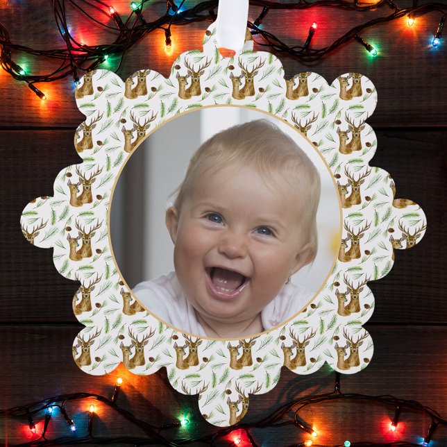 Adorable Deer Pattern Baby's First Christmas Foto Ornament Karte (Von Creator hochgeladen)