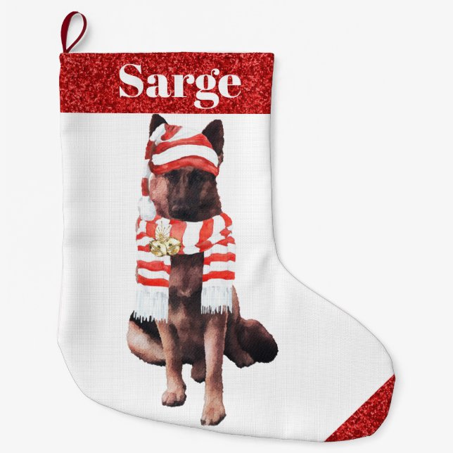 Adorable Deutscher Hirte in Weihnachtsmannmütze Großer Weihnachtsstrumpf (Vorderseite)