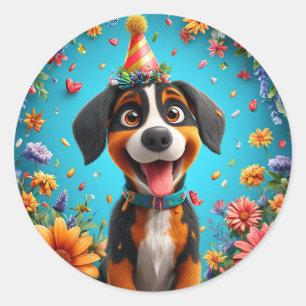 Adorable Dog feiert Geburtstagsparty Runder Aufkleber