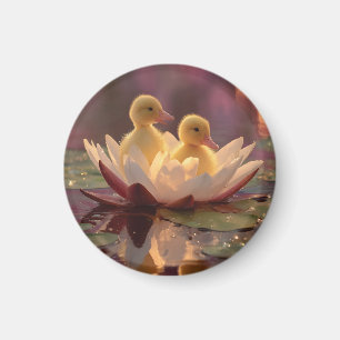 Adorable Ducklings in einer Wasserlilie-Blume Magnet