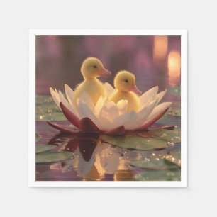 Adorable Ducklings in einer Wasserlilie-Blume Serviette
