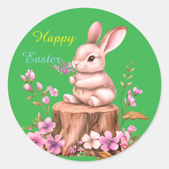 Adorable Easter Bunny on Tree Stump Sticker (Devant)