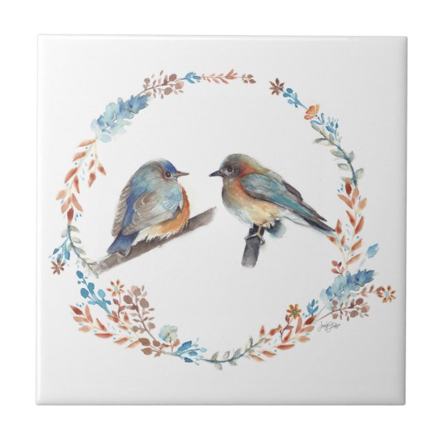 Adorable Eastern Bluebird Couple Floral Wreath Fliese (Vorderseite)