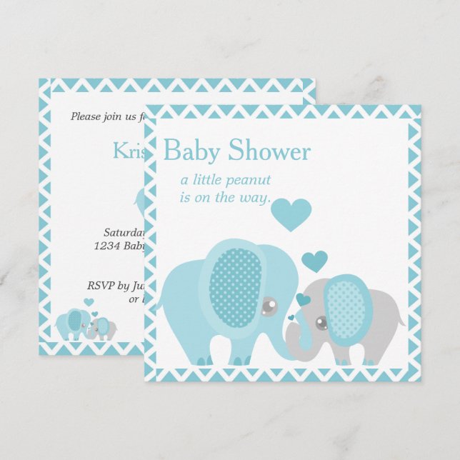 Adorable Elefanten, Baby Boy, Einladung zur Dusche (Vorne/Hinten)