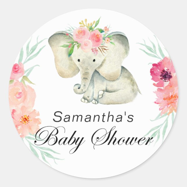 Adorable Elephant Baby Dusche für Mädchen Runder Aufkleber (Vorderseite)
