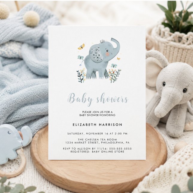 Adorable Elephant Blue Baby Boy Dusche Einladung (Adorable Elephant Blue Baby Boy Shower Invitation)