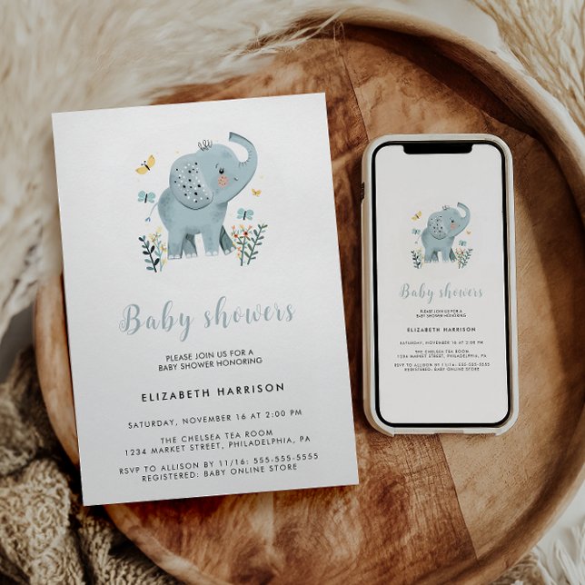 Adorable Elephant Blue Baby Boy Dusche Einladung (Von Creator hochgeladen)
