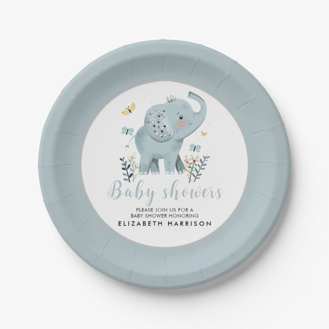 Adorable Elephant Blue Baby Boy Dusche Pappteller (Vorderseite)