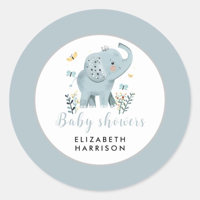 Adorable Elephant Blue Baby Boy Dusche Runder Aufkleber (Vorderseite)