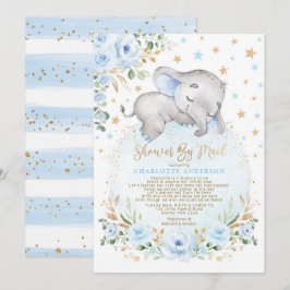 Adorable Elephant Blue Gold Baby Dusche per Mail Einladung