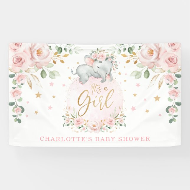 Adorable Elephant Blush Pink Bloral Baby Dusche Banner (Horizontal)