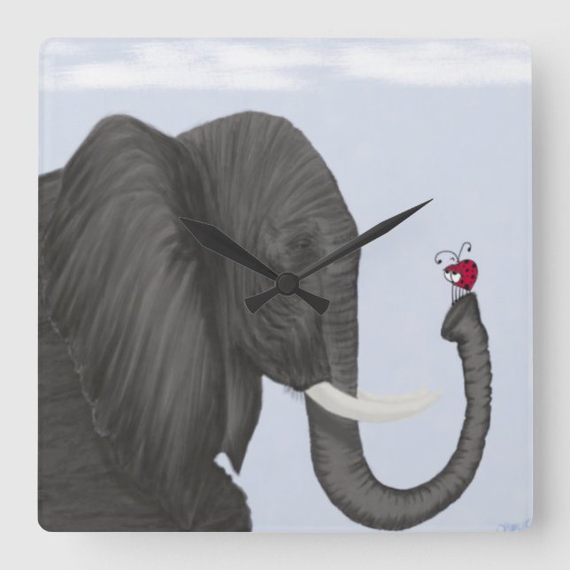 Adorable Elephant und Niedliche Ladybug Quadratische Wanduhr (Vorderseite)