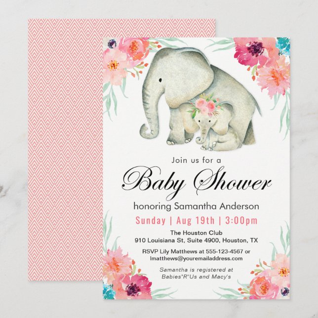 Adorable Elephants Girl Baby Dusche Einladung (Vorne/Hinten)