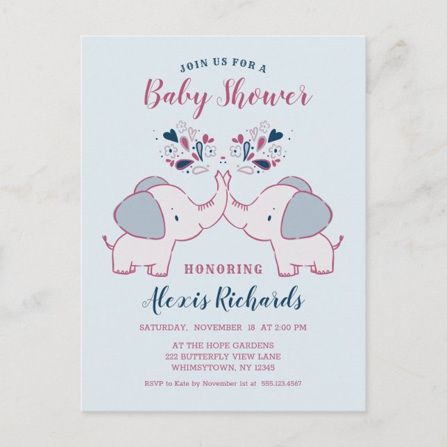 Adorable Elephants & Hearts Niedliche Babydusche Einladungspostkarte (Vorderseite)