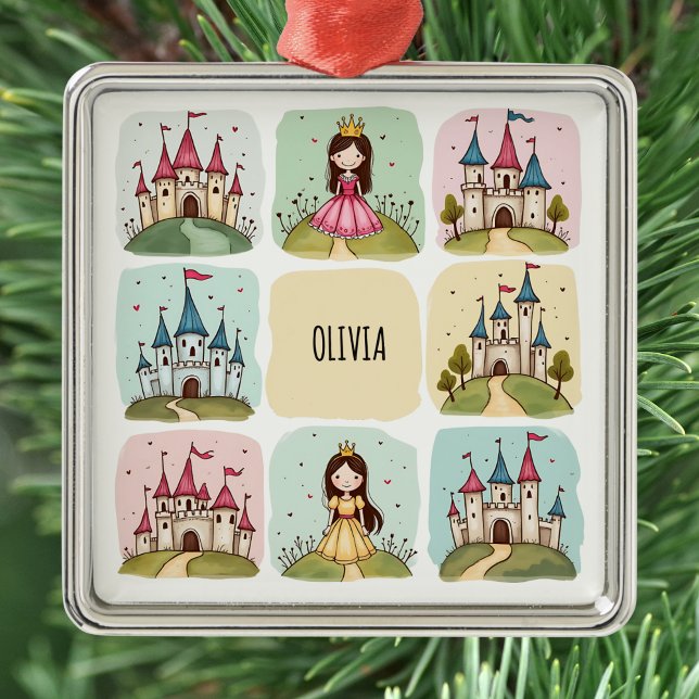 Adorable Fairy Tale Burg & Princess Doodles Ornament Aus Metall (Von Creator hochgeladen)