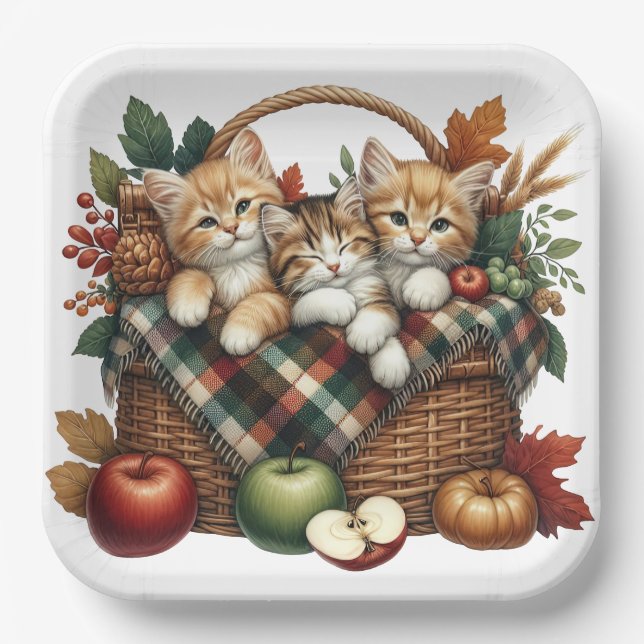 ADORABLE FALL AUTUMN THEMED KITTEN & KATZEN PAPPTELLER (Vorderseite)