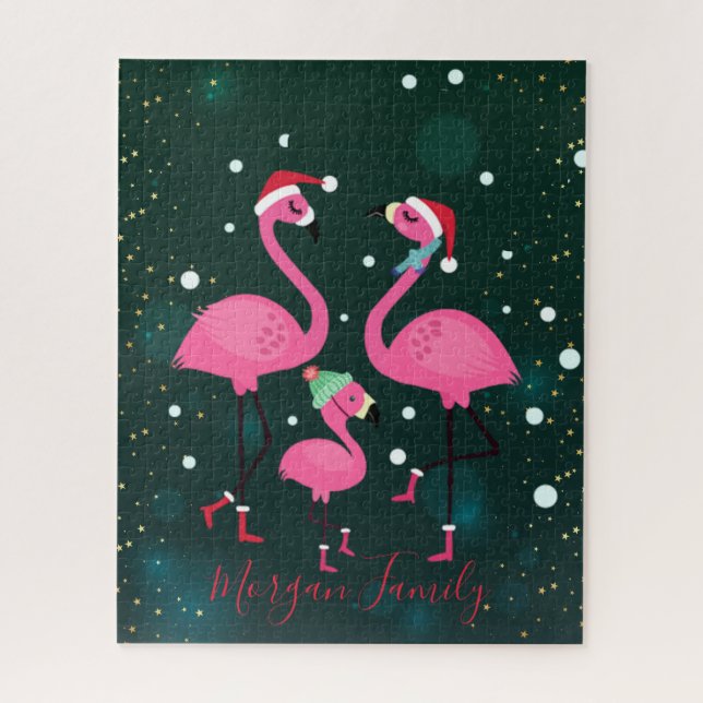 Adorable Familie Flamingos Weihnachtsmannmütze Grü (Vertikal)