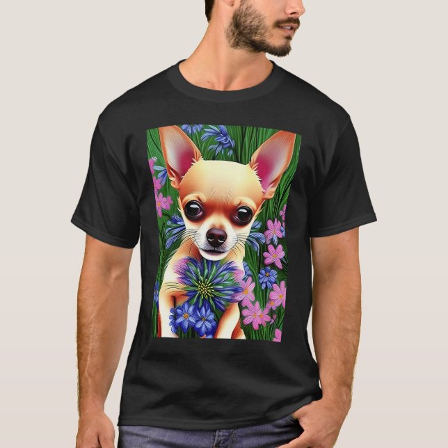 Adorable Fawn Chihuahua Playing in Flowers T-Shirt (Vorderseite)