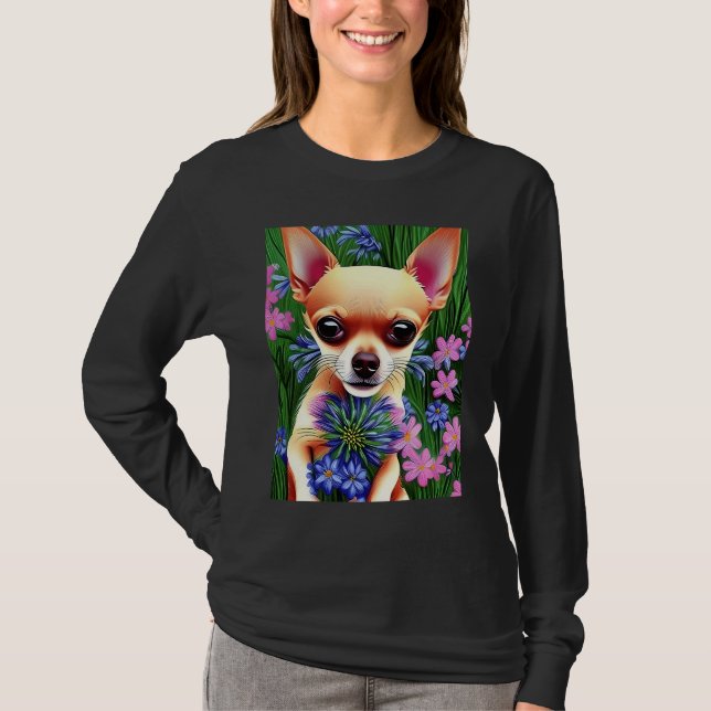 Adorable Fawn Chihuahua Playing in Flowers T-Shirt (Vorderseite)