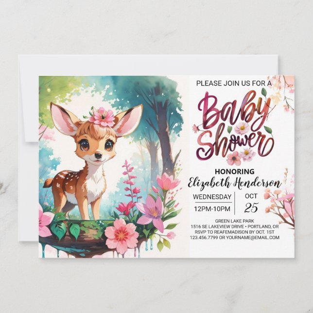 Adorable Fawn Wildblume Girl Babydusche Einladung (Vorderseite)