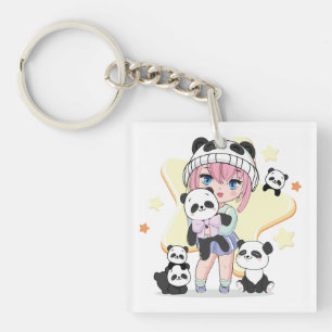 Adorable Fille d'Anime Entourée de Jouets Panda