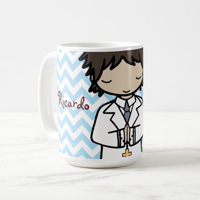 Adorable First Heilige Kommune brünetter Junge Kaffeetasse (Vorderseite Links)
