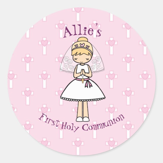 Adorable First Heilige Kommunion kleine blonde Mäd Runder Aufkleber (Vorderseite)