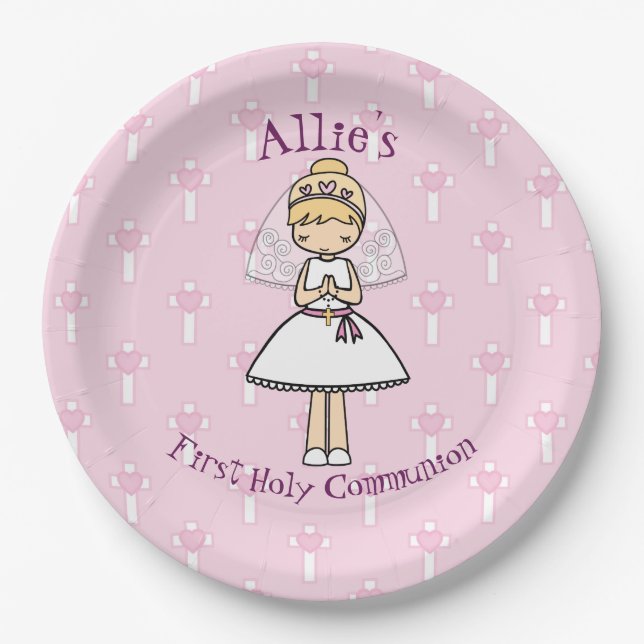 Adorable First Holy Communion Blonde Mädchenname Pappteller (Vorderseite)