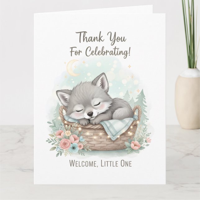 Adorable, fluffy baby wolf  Baby Shower  Dankeskarte (Vorderseite)
