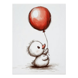Adorable Fluffy Duckling mit Red Balloon Poster