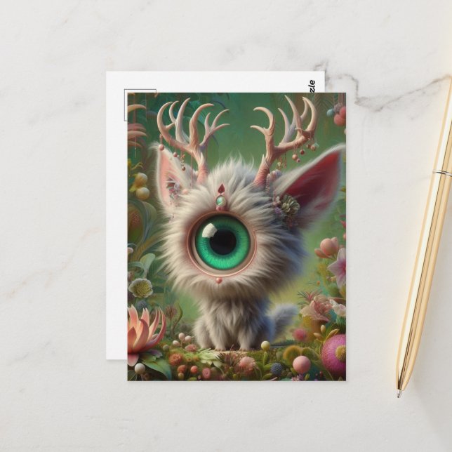 Adorable Fluffy Jackalope Kitten mit Single Eye Postkarte (Vorderseite/Rückseite Beispiel)