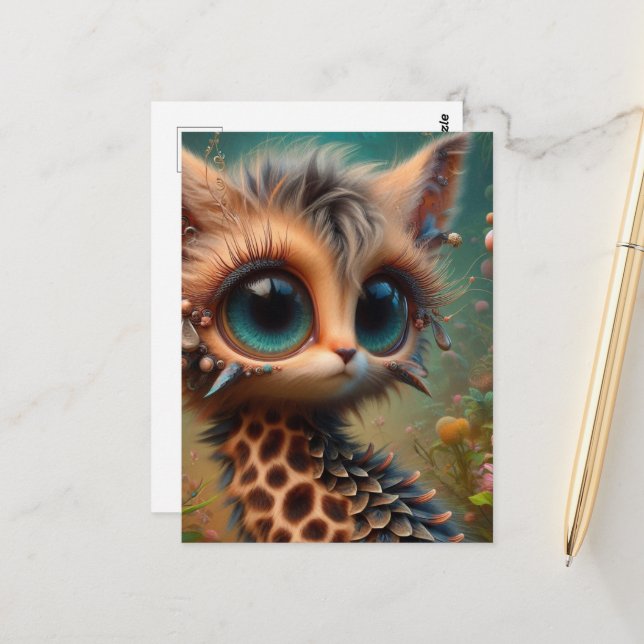 Adorable Fluffy Kitten Giraffe Peacock Critter Postkarte (Vorderseite/Rückseite Beispiel)