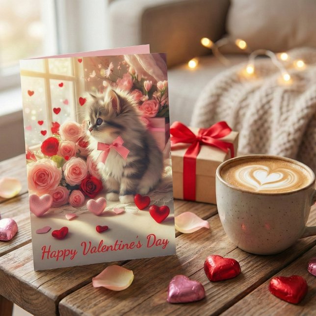 Adorable Fluffy Kitten with Roses Valentine's Day Karte (Von Creator hochgeladen)