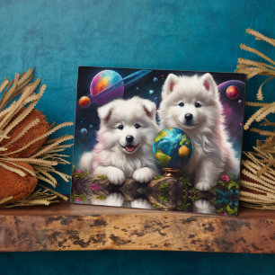 Adorable Fluffy Samoyed Welpen, Space Earth Globe Fotoplatte